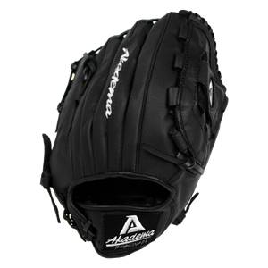 Top-down view of a black baseball glove with Akadema embroidered on the wrist and a logo patch on the palm.