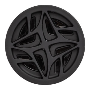 Top-down view of a black baseball bat end cap with a geometric cutout pattern.