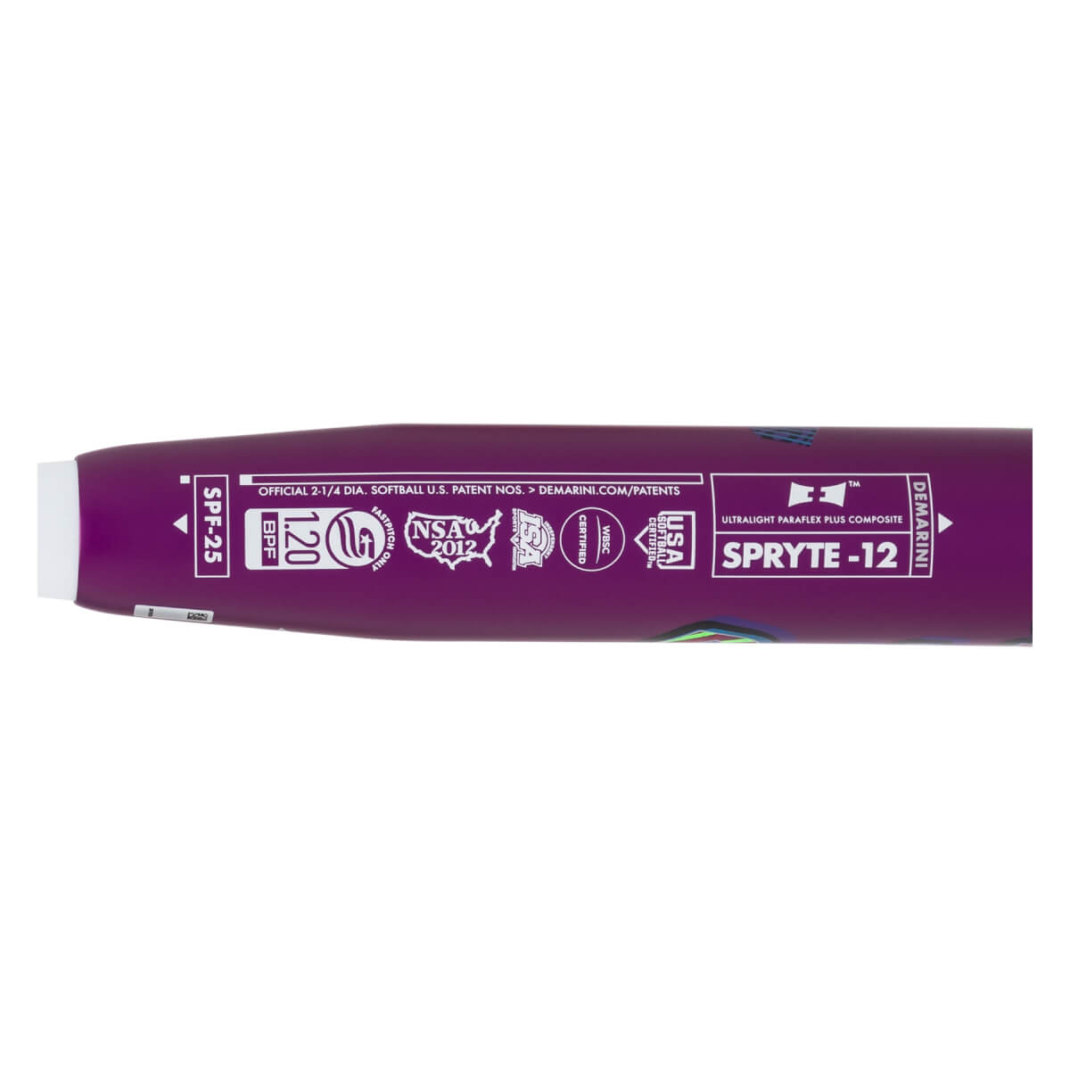 Close-up of the purple softball bat barrel featuring white certification stamps for USA Softball and NSA 2012, and the model name SPRYTE -12.