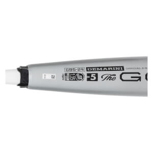 Close-up of a silver baseball bat with DEMARINI, -5, and The Goods branding.