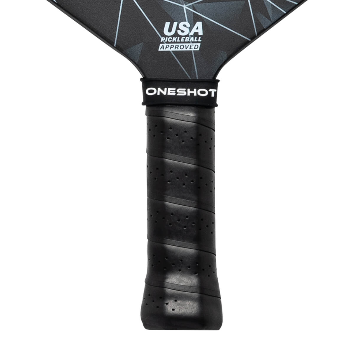 Close-up of a black pickleball paddle grip with ONESHOT branding and USA Pickleball Approved text on the paddle head.