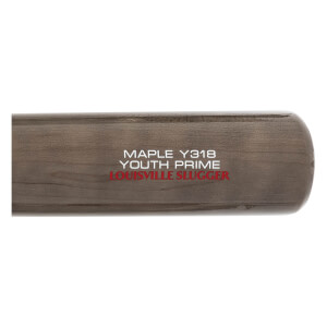 Side view of a brown maple baseball bat with MAPLE Y318 YOUTH PRIME LOUISVILLE SLUGGER text.