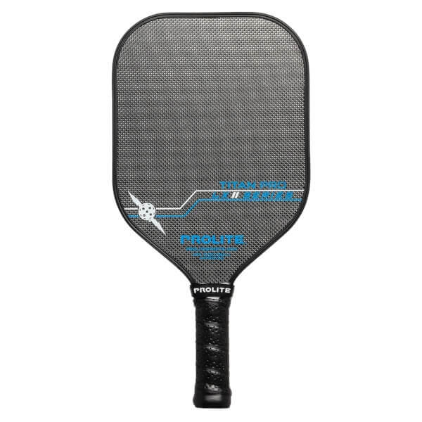 Front view of a black pickleball paddle with a textured surface, blue PROLITE branding, and a black grip.