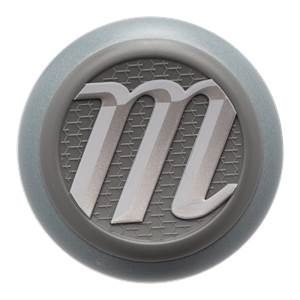 Top-down view of a gray baseball bat end cap with a silver m logo and honeycomb pattern.