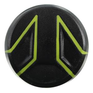 Top-down view of a black baseball bat end cap with green geometric accents.