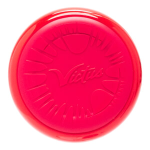 Top-down view of a red baseball bat end cap with embossed Victus logo and radial lines.