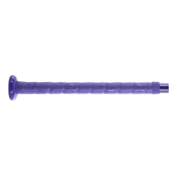 Side view of a purple softball bat with a textured grip and a flared knob.