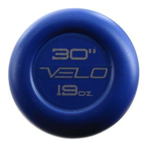 Top-down view of a blue baseball bat end cap with 30 VELO 19oz. text.