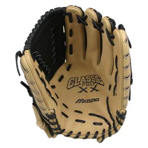 Front view of a tan baseball glove with black lacing and CLASSIC PRO XX and Mizuno branding.