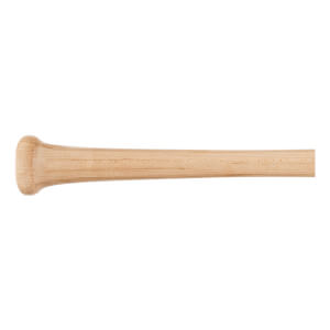 Side view of a natural wood baseball bat with a flared knob and smooth barrel.