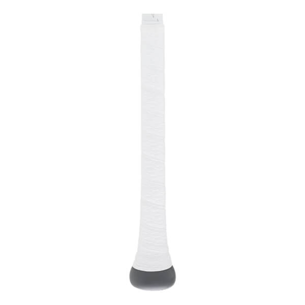 Close-up view of the Marucci CATX2 Smart -5 USSSA Baseball Bat handle featuring white textured grip tape and a dark grey rounded knob at the base.
