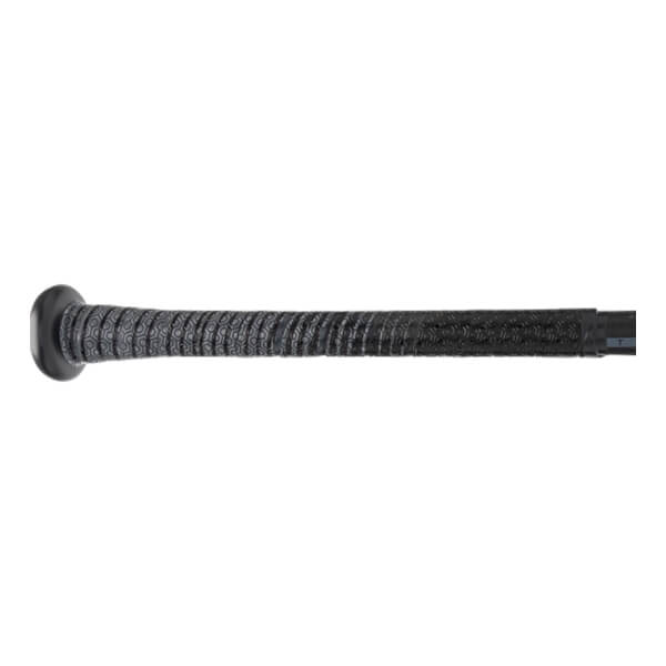 Side view of a black baseball bat with a textured grip and a rounded end cap.