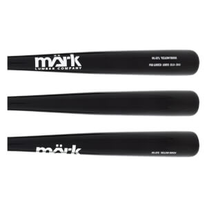 Side views of a black baseball bat with white Märk Lumber Company logo, ML-271 YELLOW BIRCH, and PRO LIMITED text.