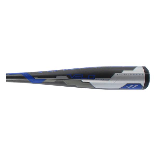 Side view of a black baseball bat with blue and silver accents, VELO text, and -11 marking.