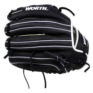 Top-down view of a black Worth Liberty Advanced Series glove with white stitching and lacing.