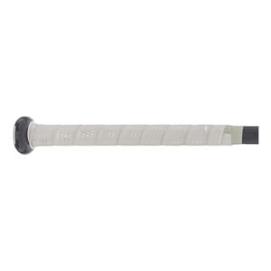 Side view of a light gray fastpitch softball bat with a dark gray knob and perforated, spirally wrapped grip.