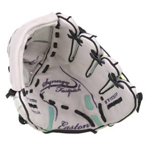 Top-down view of a white Easton Synergy Fastpitch youth glove with black lacing and teal accents.