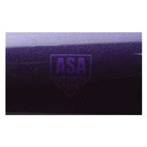 Close-up of a purple softball bat with an embossed ASA CERTIFIED 2004 logo.