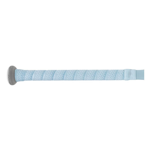 Close-up of the handle featuring a light blue Flow-Tack grip with repeating Easton logos and a gray knob with "POWER" text.