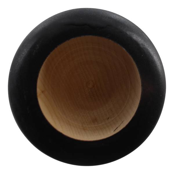 Top-down view of a black baseball bat with a natural wood interior.