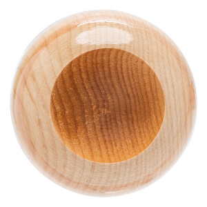 Top-down view of a natural wood baseball bat with a cupped barrel end, visible wood grain, and glossy finish.
