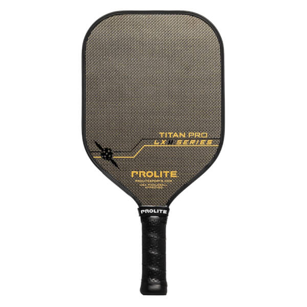 Front view of a black and gold PROLITE pickleball paddle with TITAN PRO LX SERIES text.