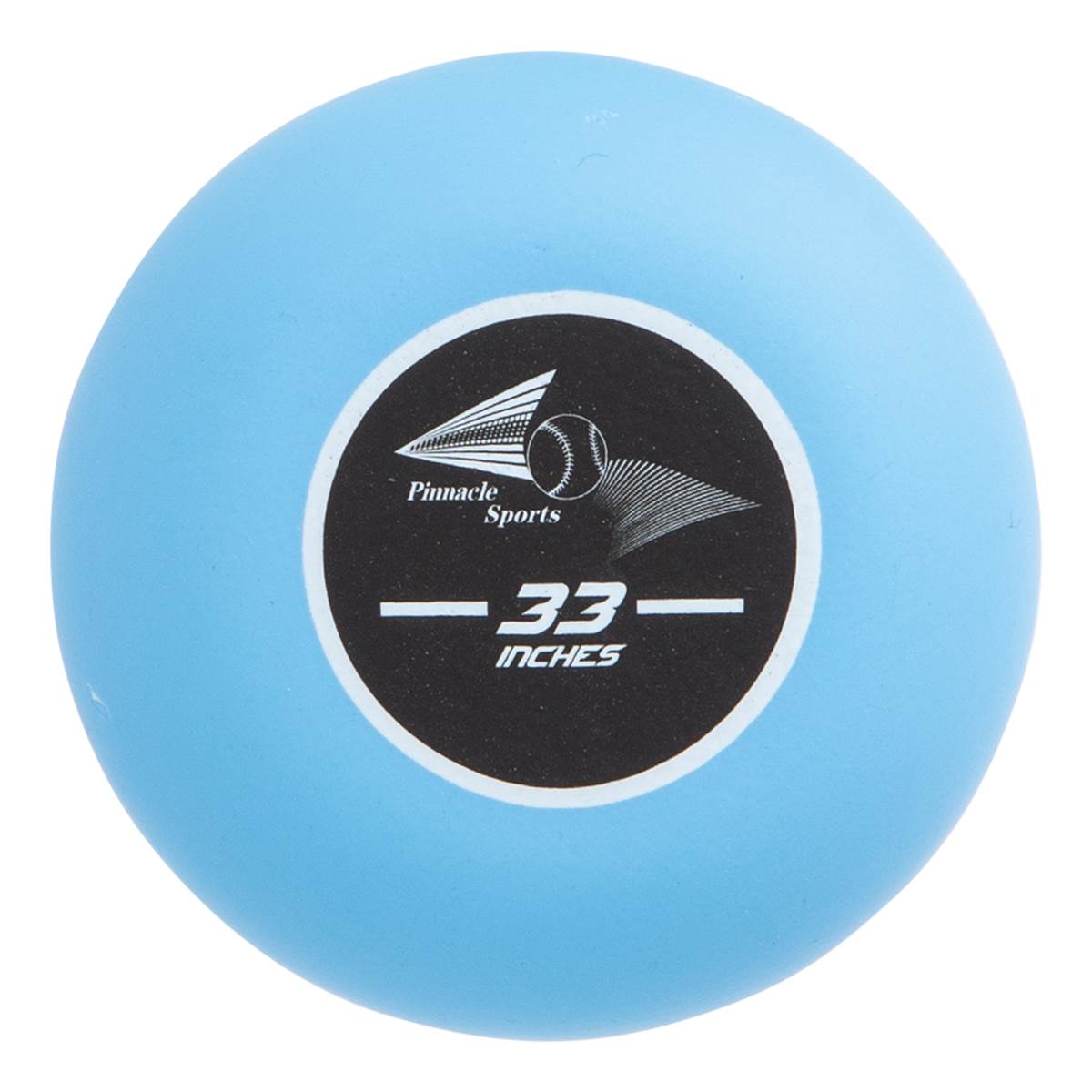 Close-up of a light blue bat end with a black and white label displaying Pinnacle Sports and 33 INCHES.