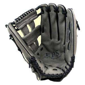 Top-down view of a grey baseball glove with black lacing and EPS Elite Player branding.