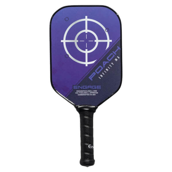 Front view of a purple pickleball paddle with a target design, POACH INFINITY MX text, and ENGAGE logo.