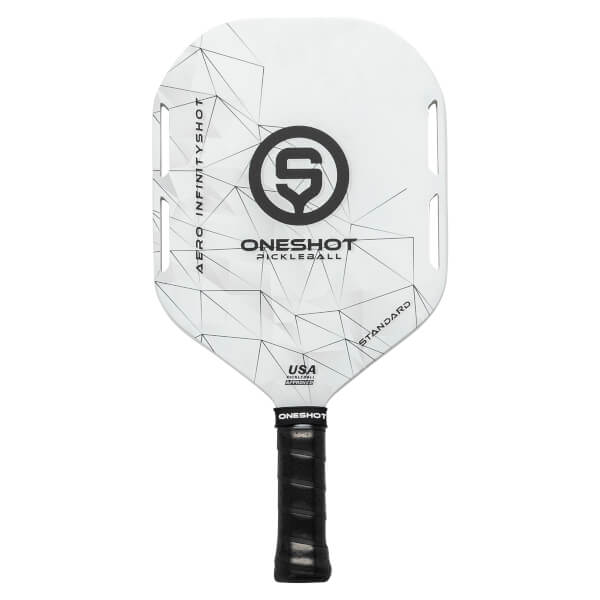Front view of a white pickleball paddle with black geometric design, AERO INFINITYSHOT, ONESHOT PICKLEBALL, and STANDARD text.