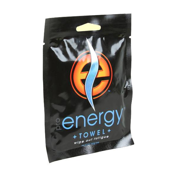 Front view of a black energy towel packet with an orange and blue logo and energy + TOWEL + wipe out fatigue text.