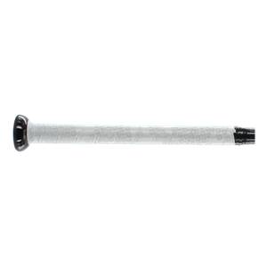 Side view of a black baseball bat with a white textured grip and black end cap.