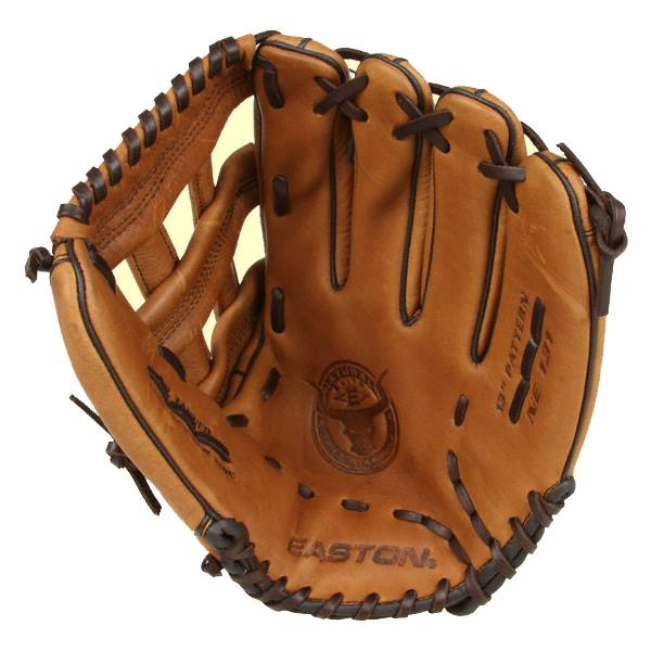 Interior view of a tan baseball glove with EASTON branding and 13 PATTERN NE 131 text.