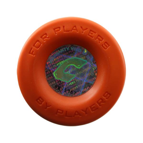 Top-down view of an orange bat end cap with FOR PLAYERS BY PLAYERS text and a holographic sticker.