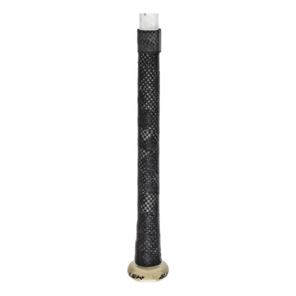 Close-up of a black baseball bat grip with a checkered pattern and a white end cap.
