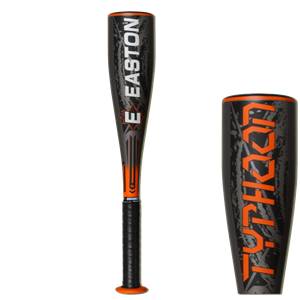 Front view of a black baseball bat with orange Easton branding and a textured grip.