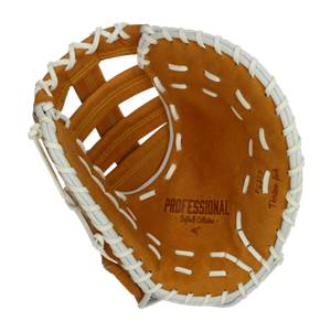 Top-down view of a tan first base mitt with white lacing and PROFESSIONAL - Softball Collection - text.