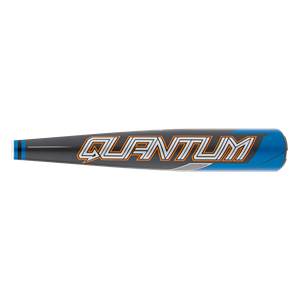 Side view of a gray and blue baseball bat with QUANTUM text and blue stripes.