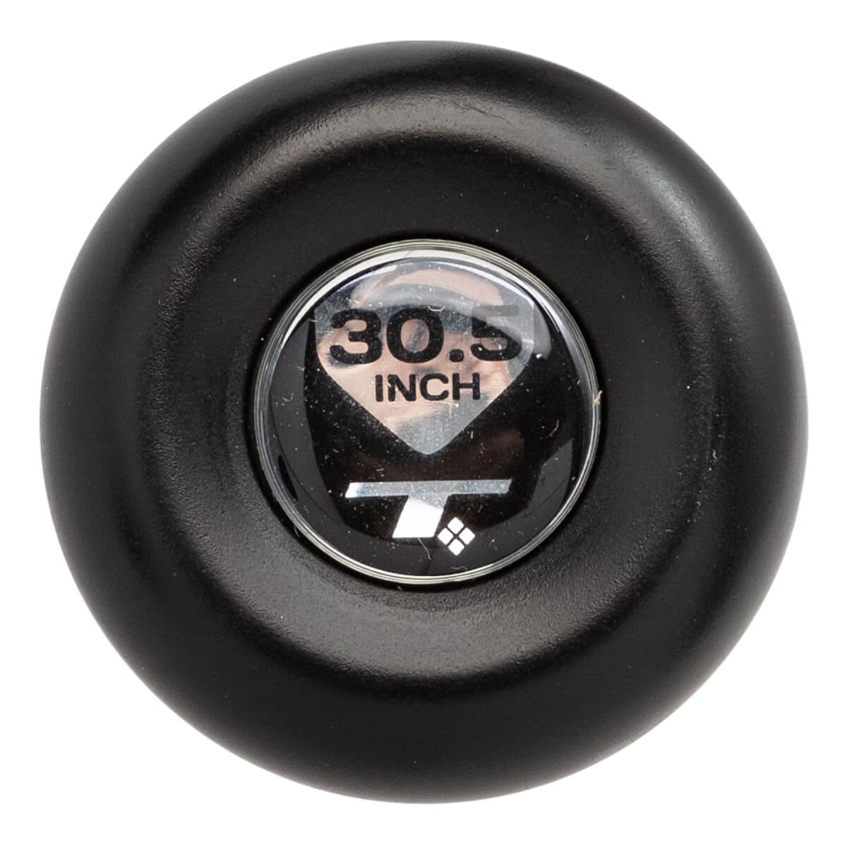 Top-down view of a black baseball bat end cap with 30.5 INCH and a white logo.