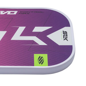 Corner view of a purple pickleball paddle with white SLK and CONTROL MAX text, and a green logo.