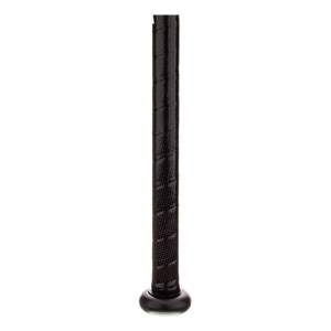 Bottom view of a black baseball bat with a textured grip and end cap.