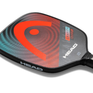 Corner view of a black pickleball paddle with a red HEAD logo and GRAVITY TOURLH text.
