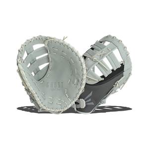 Front view of a light gray Easton Ghost fastpitch first base mitt with GHOST Softball text and a dark gray heel.