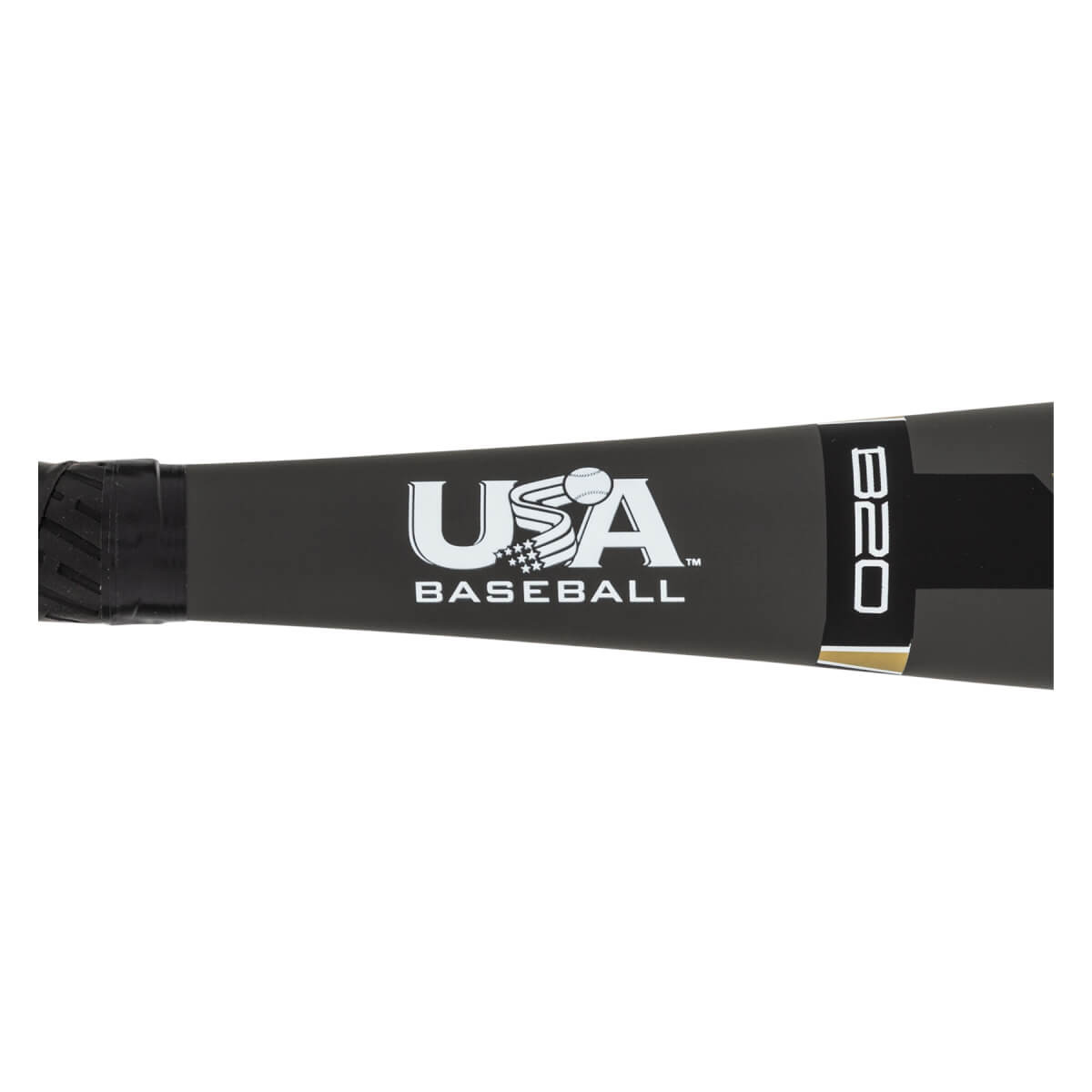 Side view of a black baseball bat with USA BASEBALL logo and B20 text.