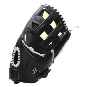 Side view of a black baseball glove with white lacing and a B logo.