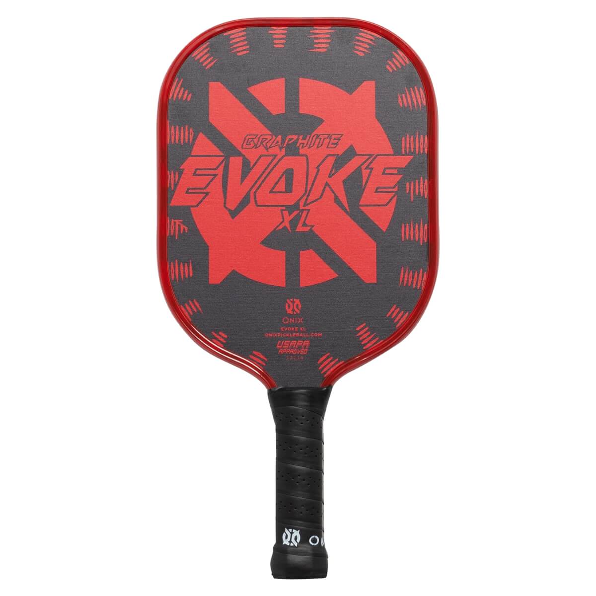Front view of a red and gray pickleball paddle with EVOKE XL text and USAPA approved label.