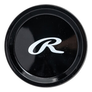 Top-down view of a black baseball bat end cap with a white Rawlings R logo.