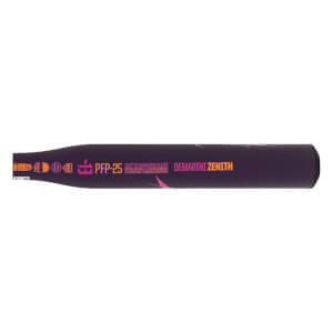 Side view of a plum fastpitch softball bat with orange PFP-25 text, DEMARINI ZENITH branding, and pink graphic details.