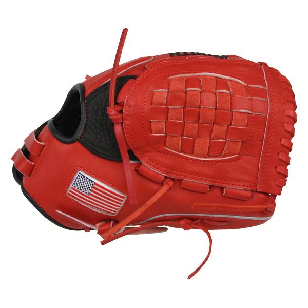 Side view of a scarlet baseball glove with a woven palm and an American flag patch.