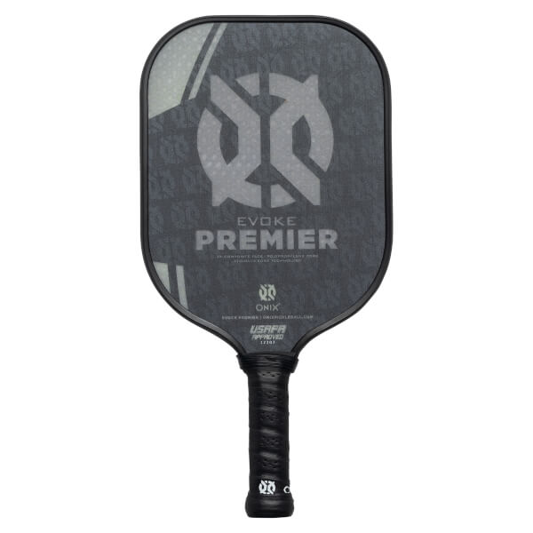 Front view of a black pickleball paddle with a large grey logo, EVOKE PREMIER text, and USAPA APPROVED stamp.